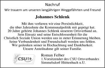 Traueranzeige von Johannes Schlenk von Pegnitz-Zeitung